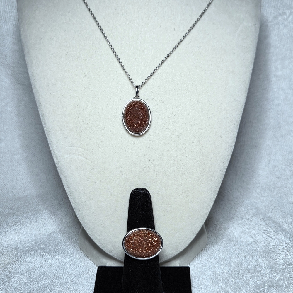 Gold Sandstone Ring (size 8) & Pendant Jewelry Set in Stainless Steel